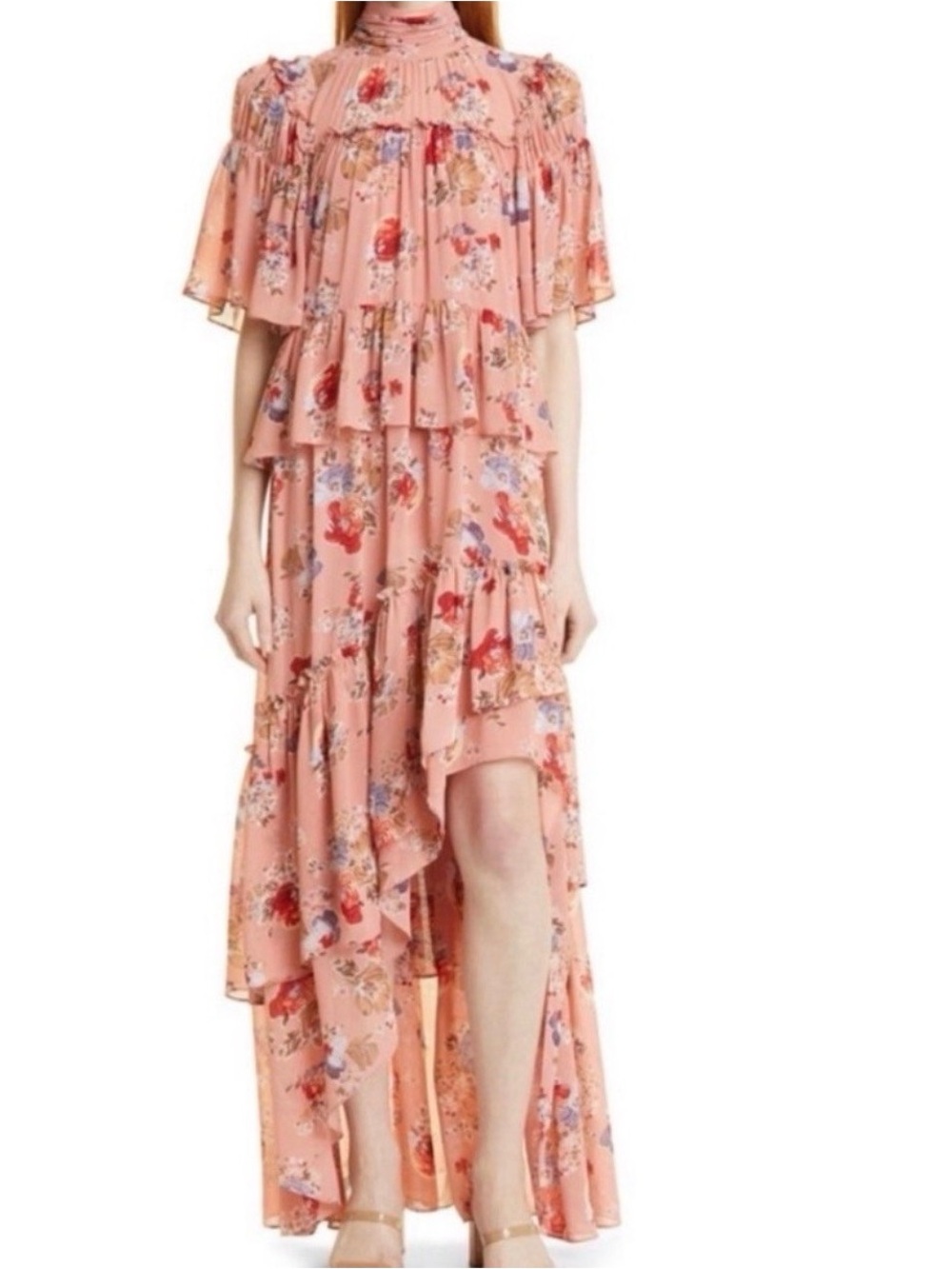 Cinq a Sept Jamie Dress Bare Rose Multi US 12 Tiered Ruffle